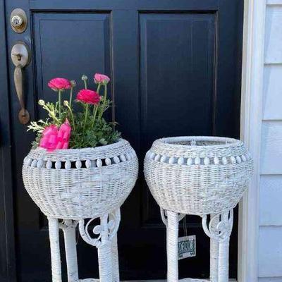 Tall White Wicker Plant Holders
