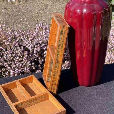 Gorgeous Red Vase (possible Haeger) * Philadelphia Brand Cream Cheese Boxes
