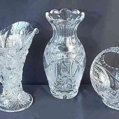 Crystal Trio * Vase (made In Poland) * Pitcher * Basket
