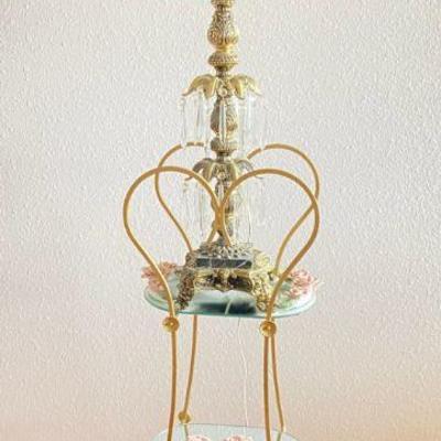 Brass Lamp With Fabric Shade * Lamp Stand With Mirror Shelves
