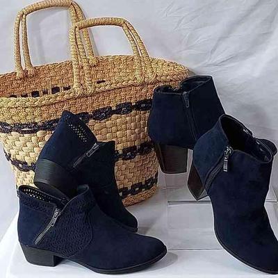 NEW Navy Faux Suede Boots * American Rag (7.5W) * Style & Co (8) * Wicker Handbag With Navy Stripes
