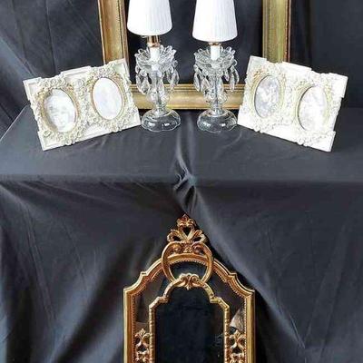 Baroque Gold-Tone Wall Mirror * 3 Picture Frames (2 New) * 2 Glass Table Lamps
