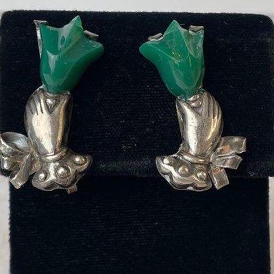 Mexico Sterling Silver Screw Back Earrings * Green plastic * Hands Holding Flowers
