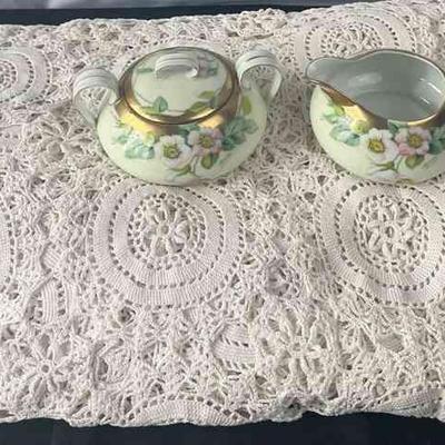 1924 Vintagel Table Cloth * Handpainted Bavarian Cream & Sugar

