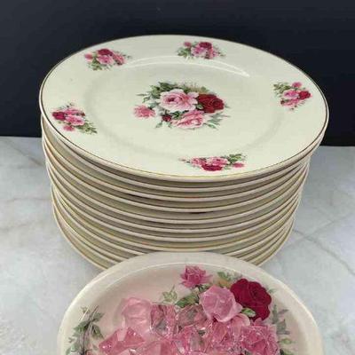 12 Rose Pattern Dessert Plates * Gold Trim * Formalities By Braun Bros * Rose Pattern Soap Dish
