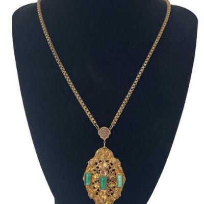 Vintage Gold Tone * Aqua Glass * Pendant Necklace
