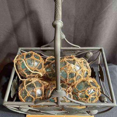 7 Vintage Fishing Floats Balls In A Basket * 3.5