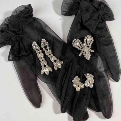 Gorgeous Rhinestone Vintage Clip Earrings * Sheer Black Gloves (small) * Beautiful Pin Brooch

