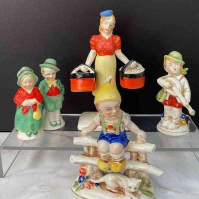 Germany Vintage Figures Salt And Pepper Shakers * Hat Girl Salt And Pepper Shakers * German Boy Figurines
