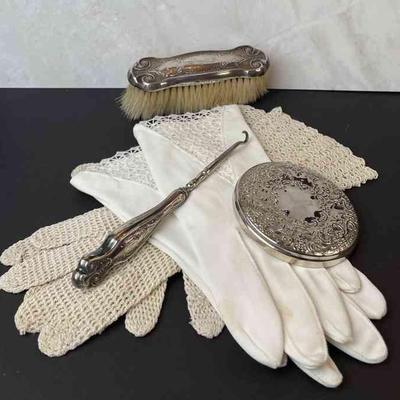 Grandoe White Ladies Dress Gloves * Child's Crotchet Gloves * Vintage Sterling Silver Compact Mirror * Clothing Brush * Crotchet Hook
