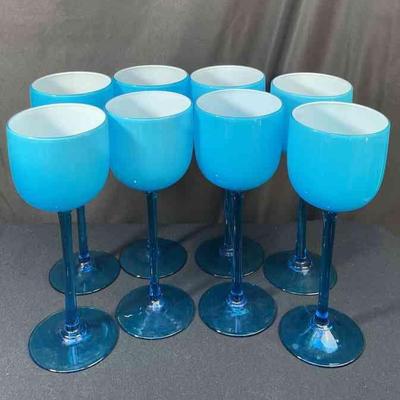 Carlo Moretti Blue Wine Glasses Mid Century Italian Murano Barware * Set of 8
