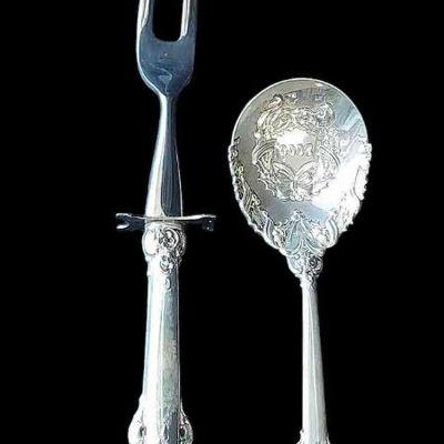 Sterling Silver Wallace Baroque Meat Fork & Decorative Sterling Christmas 2000 Spoon
