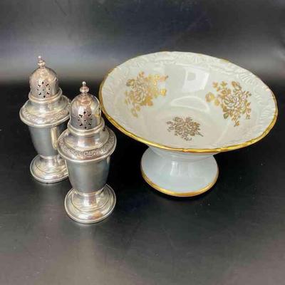 Limoges White Porcelain With Gold Decor Candy Dish *Gorham Sterling Silver Salt & Pepper Shakers
