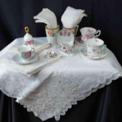 Tea Cups & Linens * 4 Teacups With Saucers + 1 Mini * 2 Matching Cups * 1 Bell
