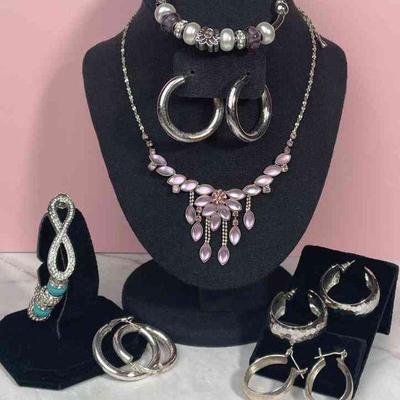 Silver Tone Pierced Hoop Earrings * Purple Glass Floral Design Necklace * Aqua / Purples Bracelets

