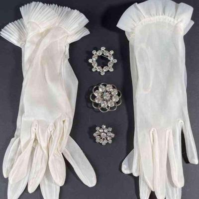 2 Vintage Sheer Gloves (small) * 3 Vintage Rhinestone Pins
