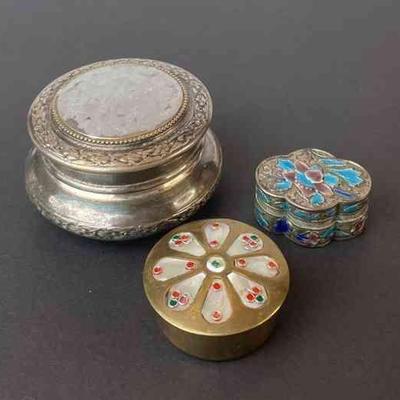 Tiny Vintage Pill or Trinket Boxes * Enamel * Abalone Detail * Believe to be Sterling Silver box

