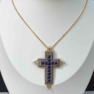 Spode Sterling Silver Cross Pendant * Blue Glass * Gold Tone
