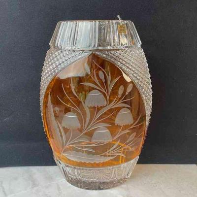 Large Made In Poland 24% Leaded Crystal Clear * Amber Etched Vase
