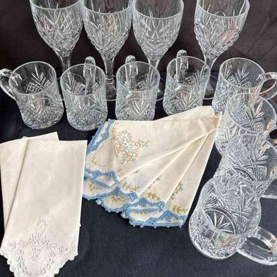 4 Crystal Wine Glasses * 8 Coffee Mugs * Embroidered Linen Napkins

