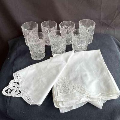 7 Matching Old Fashion Glasses * 6 Embroidered Linen Napkins
