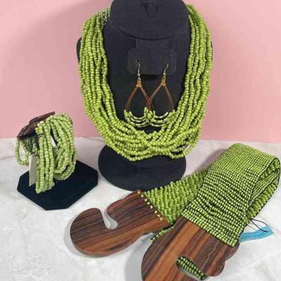 About Color Bright Green Seed Bead Multi Strand Necklace * Pierced Earrings * Bracelet * Belt
