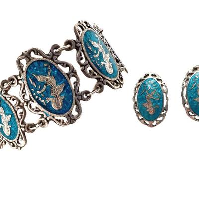 #113 â€¢ Vintage Siam Sterling and Blue Enamel Panel Bracelet & Clip Earrings

