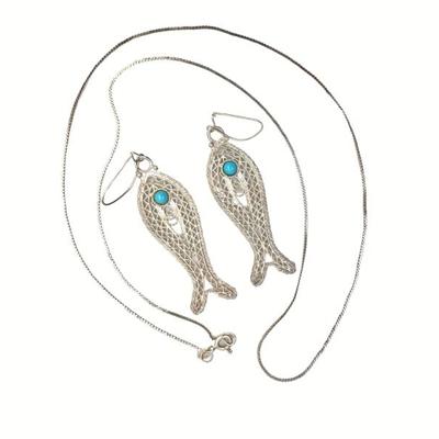 #120 â€¢ Sterling Silver Serpentine Necklace & Fish Earrings with Turquoise Stones
