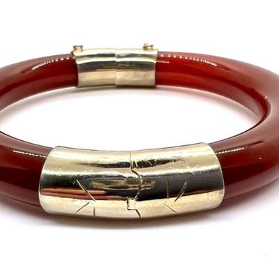 #68 â€¢ Vintage Asian Red Jade, Sterling Hinged Bracelet

