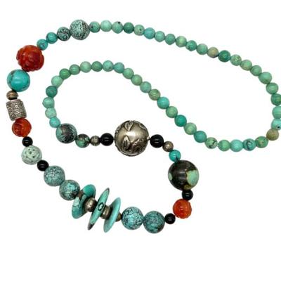 #29 â€¢ Antique Asian Necklace of Turquoise, Sterling Silver and Carved Carnelian Beads
