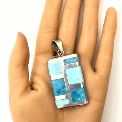 #111 â€¢ Contemporary Sterling Silver Rectangular Pendant with Turquoise Stones
