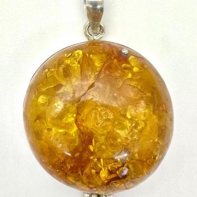#64 â€¢ Large Cabochon Amber Pendant Set in Sterling Silver Mount
