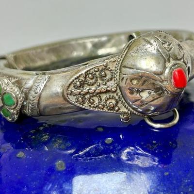 #67 â€¢ Antique Asian Sterling, Coral, & Turquoise Hinged Bracelet
