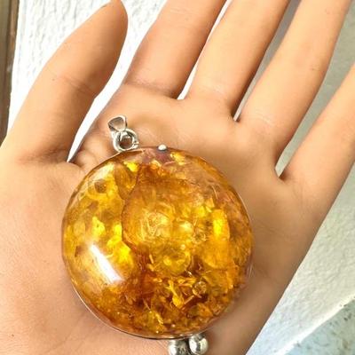 #64 â€¢ Large Cabochon Amber Pendant Set in Sterling Silver Mount
