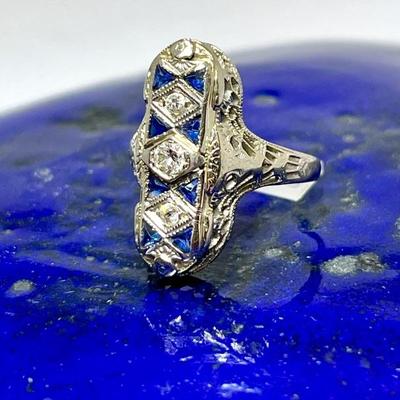 #52 â€¢ Antique 14k White Gold, Diamond & Sapphire Art Nouveau Filigree Ring - Size 6
