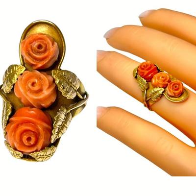#39 â€¢ Art Nouveau 14K Yellow Gold & Coral Ring w/ Delicate Leaves & Floral Motif - Size 5
