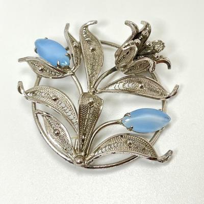 #107 â€¢ Vintage Enzell Sterling Silver Floral Brooch with Two Blue Stones
