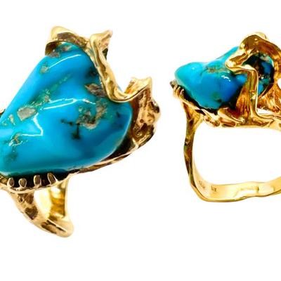 Antique 14k Yellow Gold, Turquoise & Diamond Brutalist Ring.       www.lux.bid