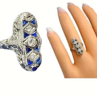 #52 â€¢ Antique 14k White Gold, Diamond & Sapphire Art Nouveau Filigree Ring - Size 6
