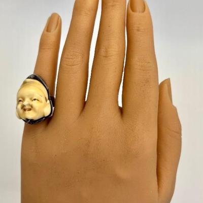 #20 â€¢ Antique Japanese Netsuke Noh Mask and Sterling Silver Ring - Size 5.5
