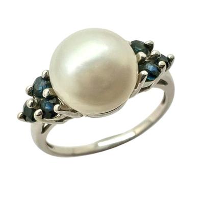 #28 â€¢ 10K White Gold Ring with Center Faux Pearl and Six Blue Stones - Size 7-3/4
