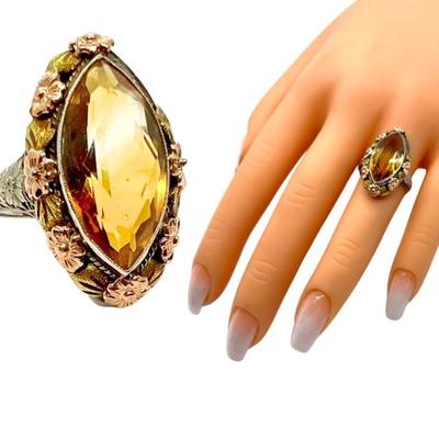 #30 â€¢ Circa 1930's 14K White Gold Filigree Cocktail Ring w/ Citrine Marquise-Cut Stone and Rose/Yellow Gold Flower Border - Size 7-3/4
