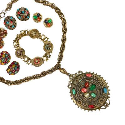 #114 â€¢ Etruscan Style Revival Necklace, Coro Bracelet & 4 Pair Clip Earrings

