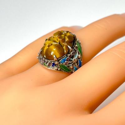 #18 â€¢ Vintage Chinese Cloissone, Sterling & Tigers Eye Adjustable Ring - Size 7
