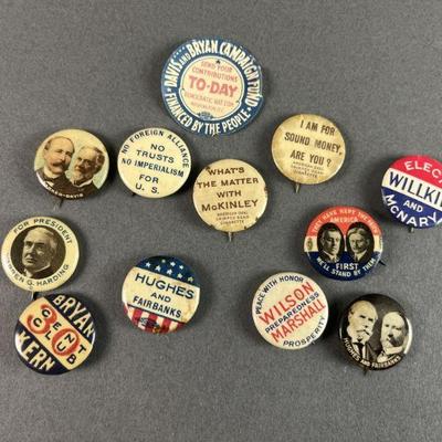 Lot 196 | Antique Political Pinbacks. Willkie, Hughes, Harding, Wilson, Parker, Davis and McKinley.