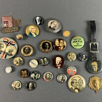 Lot 193 | Antique/Vintage Political Buttons. Bryan, Bleakley, Coolidge, Washington, Hoover, Truman, Cleveland and more.