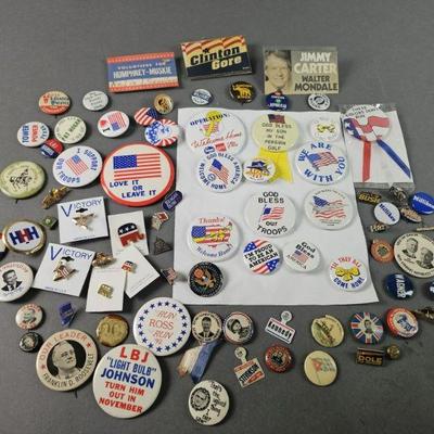 Lot 251 | Vintage Political/Patriotic Pinbacks & More! Some names include Hoffa, LBJ, Roosevelt, Landon, Hoover, Milliken, Bush and others