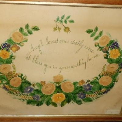 1820s Theorem Painting Wreath of Flowers With Motto