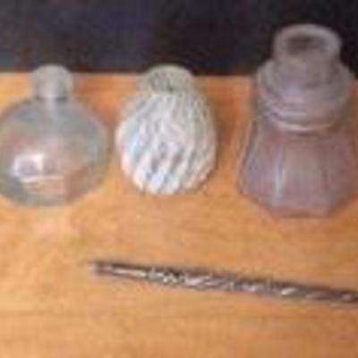 Assortment of Ink Wells and Fancy Sterling Quill Pen