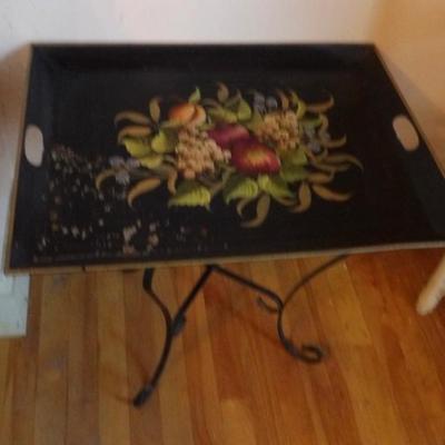 Tin Tole Decorated Serving Tray and Wrought Iron Stand